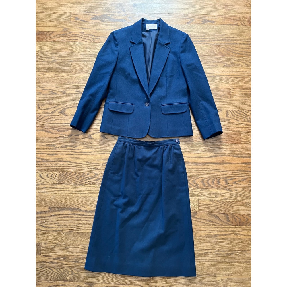 Vintage Petite Pendleton Navy Blue Wool Skirt Suit Set Blazer Midi Skirt 6P USA